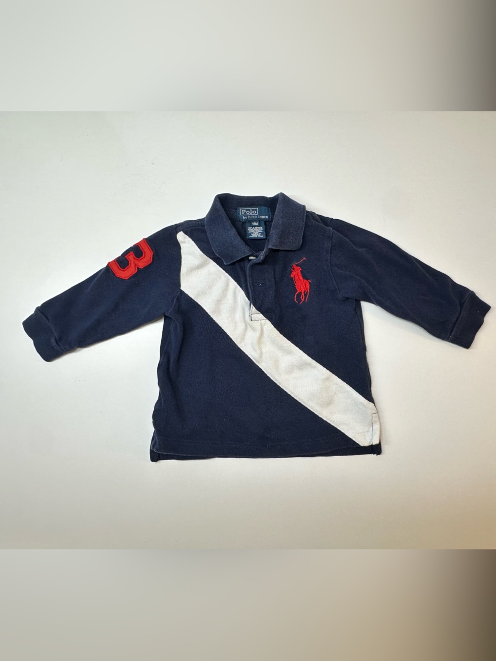 Ralph Lauren Navy Long-Sleeve Polo with White Diagonal Stripe and Red Accents